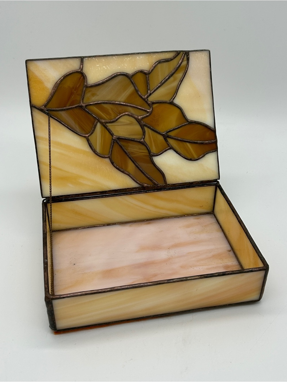 Vintage Art Nouveau Style Stained Glass Trinket Box Leaf Slag Glass Jewelry Case